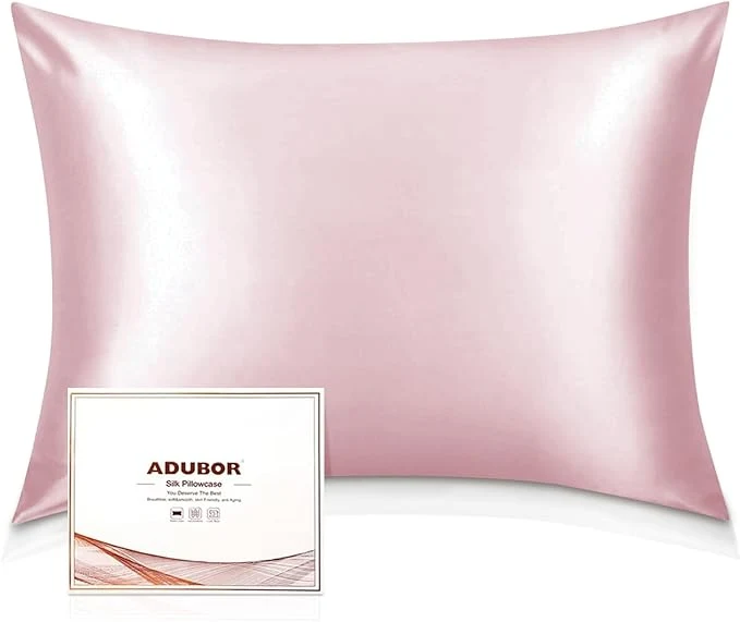 Secure Adubor Silk Pillowcase for Hair and Skin with Hidden Zipper Both Sides 23 Momme Silk Pillow Case 20x26inch Standard Size Pink 2PCS Natural