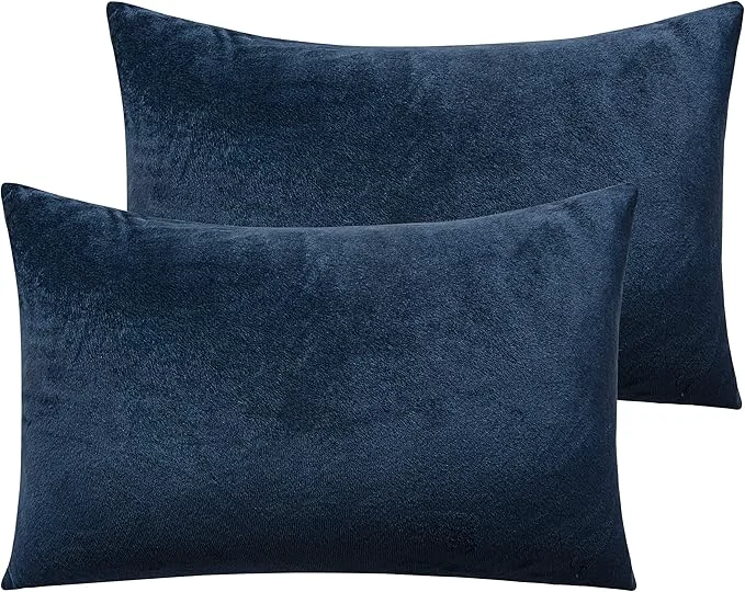Efficient NTBAY 2 Pack Zippered Velvet Queen Pillowcases Super Soft and Cozy Luxury Fuzzy Flannel Pillow Cases with Zipper 20×30 Inches Navy Blue Original Design