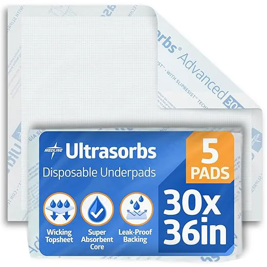 Genuine Medline Ultrasorbs Drypads with SlipResist Technology 30 quot x 36 quot 5 Count Super Absorbent Disposable Bed Pads Incontinence Bed Pads Adult Bed Pads 10x More Absorbent Chucks For Adults Elderly Elite