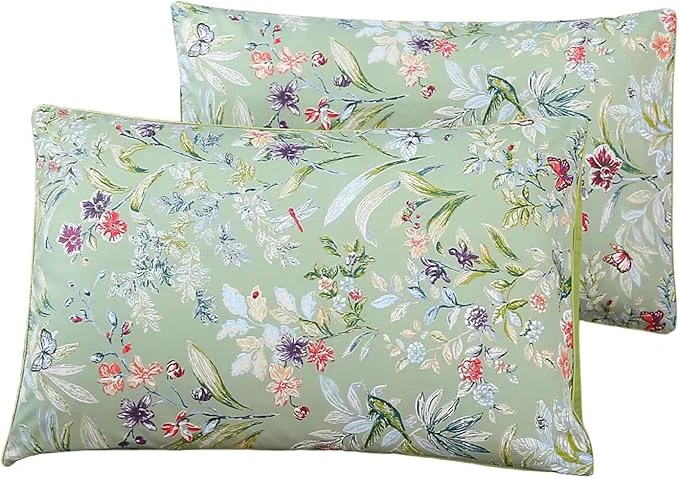 Artisan WINLIFE Cotton Pillowcases Queen Size Sage Green Garden Floral amp Butterflies Printed Pillow Cover 2 Pack Soft Envelope Closure Decorative Pillow Case Set Queen 20 quot x30 quot First-Class
