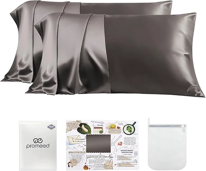 Exclusive PROMEED 23 Momme Grade 6A Mulberry Silk Pillowcase 2 Pack Natural Silk Pillow Cases Set of 2 Premium Silk Pillow Case Cover for Hair and Skin Queen 20 quot x30 quot Grey Advanced