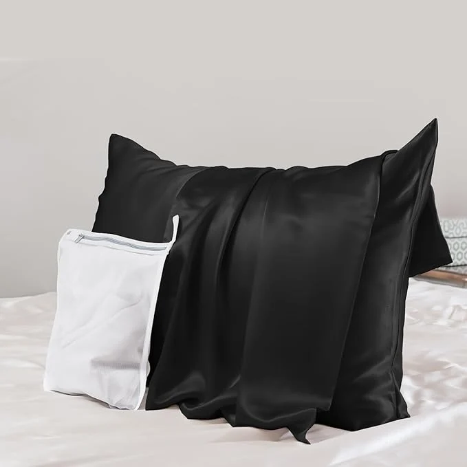 Flexible PROMEED Upgraded Grade 6A Black Silk Pillowcase with Zipper 23 Momme Natural Mulberry Silk Pillow Cases for Hair and Skin – Easy Care with Laundry Bag Standard 20 quot x26 quot Black Elite