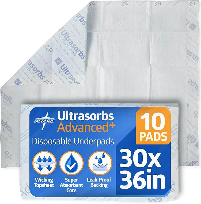 Green Medline Ultrasorbs Advanced Premium Underpads with Polymer for Superior Leak Protection 300 lb Weight Capacity 30×36 Inches 10 Count Exceptional