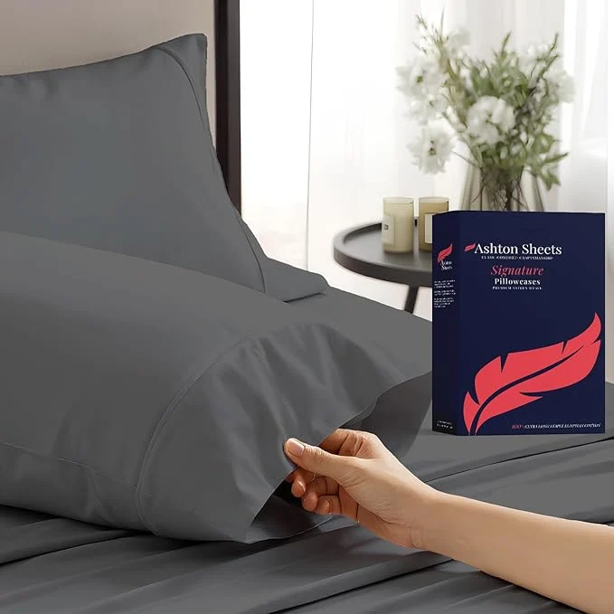 Smooth Ashton Sheets Egyptian Cotton Queen Pillow Cases Set of 2 – Luxury 1200 Thread Count Pillow Cases Queen Size Dark Grey Soft Cooling Hotel Collection Pillowcases Fits Queen Standard Pillow