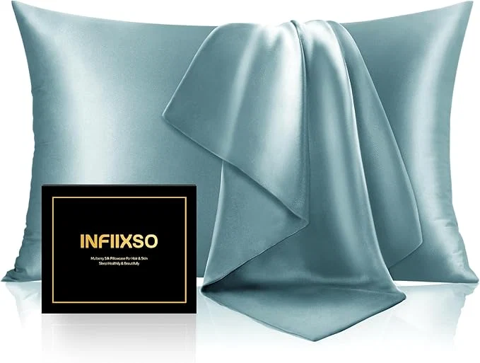 Convenient INFIIXSO Mulberry Silk Pillowcase for Hair and Skin Silk Pillow Cases Standard Size with Hidden Zipper 20×26 Inches Super Smooth and Soft Cooling Pillow Cases for Hot Sleepers Haze Blue 1 Pack Organic