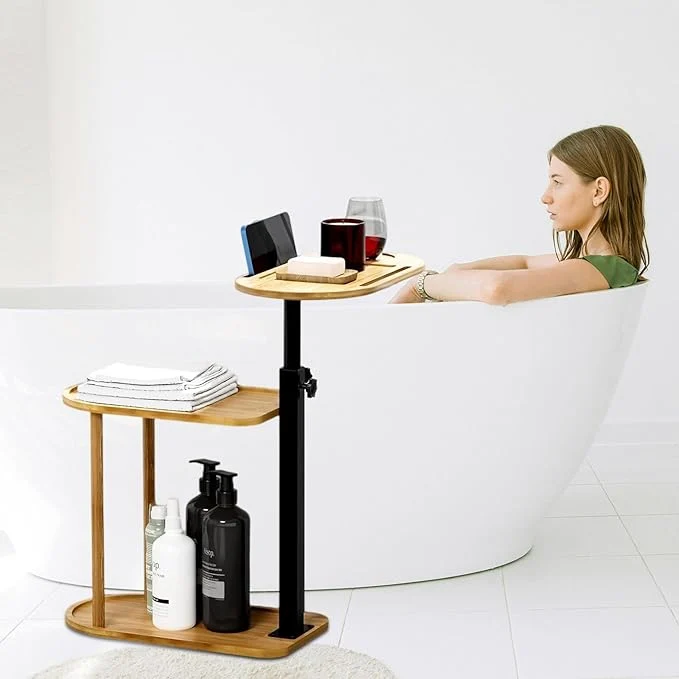 Fine 3 Layer Bathtub Tray Table Bamboo Swivel Bathtub Side Table Height Adjustable Comfortable