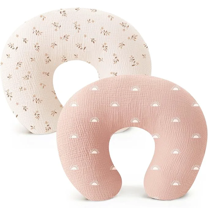 Eco-Friendly Konssy Muslin Nursing Pillow Covers Soft and Cute Nursing Covers for Breastfeeding Pillows I for Newborn Baby Boys and Girls Brown Leaf Pink Sun – 2 Pack Clean
