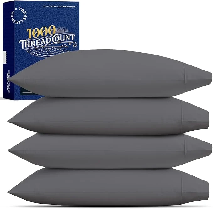 Proven TEXAS LINEN CO. Premium Egyptian Cotton Pillow Cases Standard Queen Size Set of 4 – Luxury High Thread Count Cotton Pillow Case 2 Pair Dark Grey Silky Soft Cooling Extra Long Staple Pillowcases Long-Lasting