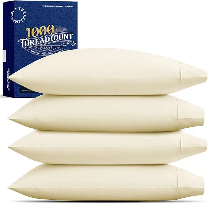 Recyclable TEXAS LINEN CO. Egyptian Cotton King Size Pillow Cases Set of 4 – Luxury High Thread Count Cotton Pillowcases 2 Pair Ivory Silky Soft Cooling Extra Long Staple Hotel Quality Pillow Cases Casual