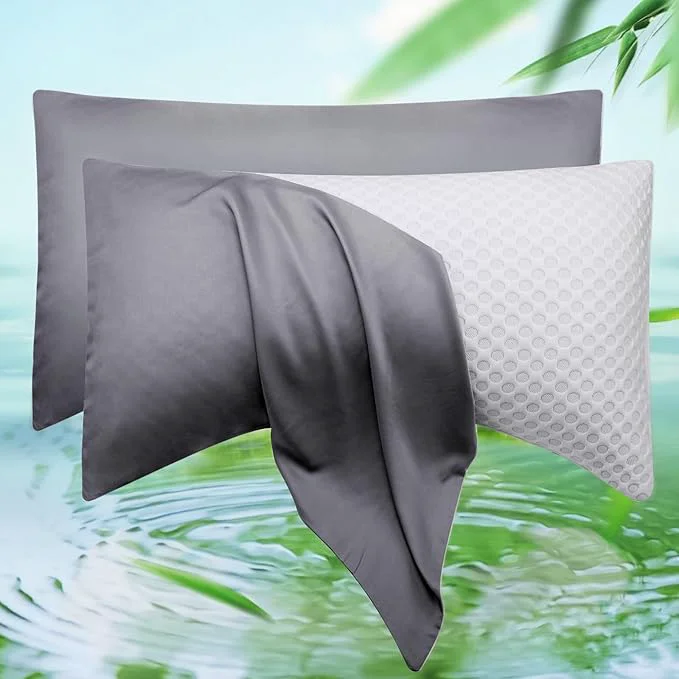 Quality Cooling Side Sleeper Pillow Cases Queen Size Set of 2 – Curved Rayon Derived from Bamboo Pillowcase Cover- Breathable Silky Soft Pillowcase for Hot Sleepers Hair and Skin 20 30 Inches Dark Grey Modern