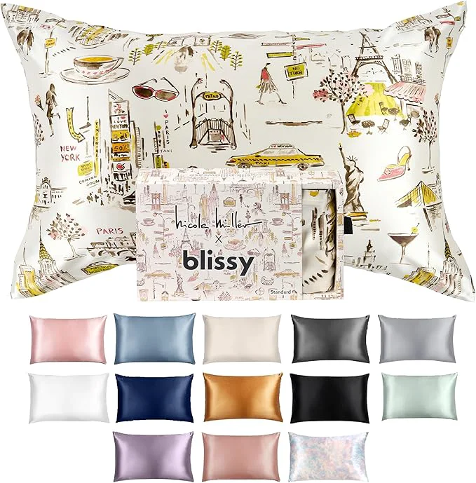 Secure Blissy Silk Pillowcase – Pure Mulberry Silk – 22 Momme 6A High-Grade Fibers – Silk Pillow Cover for Hair amp Skin – Regular Queen amp King Nicole Miller – NY to Paris Queen Reusable
