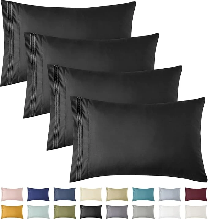Original Design YIYEA Pillow Cases Queen Size Set of 4 Ultra Soft 1800TC Hotel Quality Double Brushed Microfiber Embroidered Pillowcases Envelope Closure Fade Resistant 20 quot x30 quot Black Official
