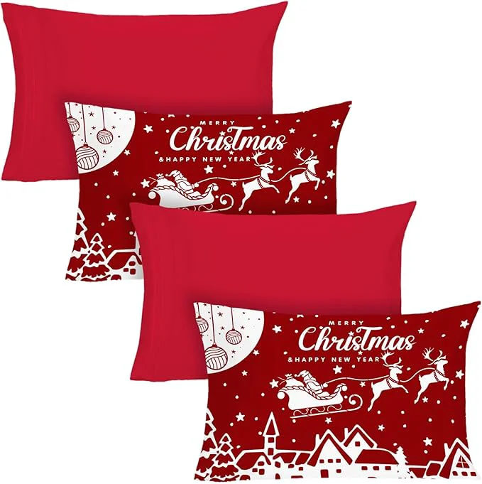 Efficient YIYEA Christmas Pillow Cases Standard Size Set of 4 Ultra Soft Double Brushed Microfiber Red Pillowcases and Christmas Pillow Covers Envelope Closure Fade Resistant 20 quot x26 quot Secure