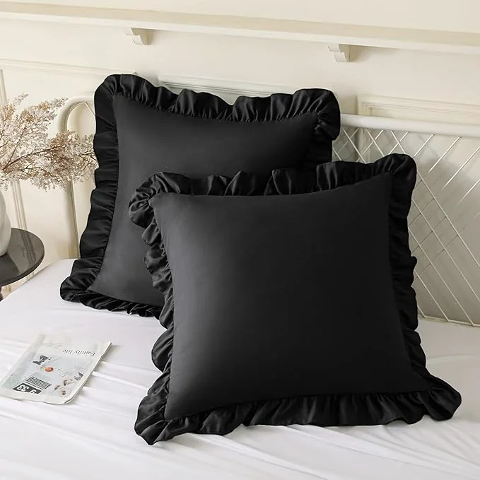 Dependable KKJIAF Ruffle Pillow Cases 26×26 Inches Black Square Ruffled Pillow Covers Set of 2 Microfiber Wrinkle Resistant Pillow Shams with Envelope Closure for Sofa Bed Living Room Specialty