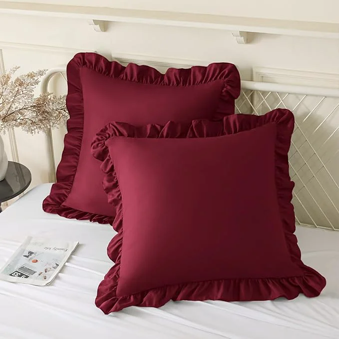 Durable KKJIAF Ruffle Pillow Cases 18×18 Inches Burgundy Square Ruffled Pillow Covers Set of 2 Microfiber Wrinkle Resistant Pillow Shams with Envelope Closure for Sofa Bed Living Room Stylish