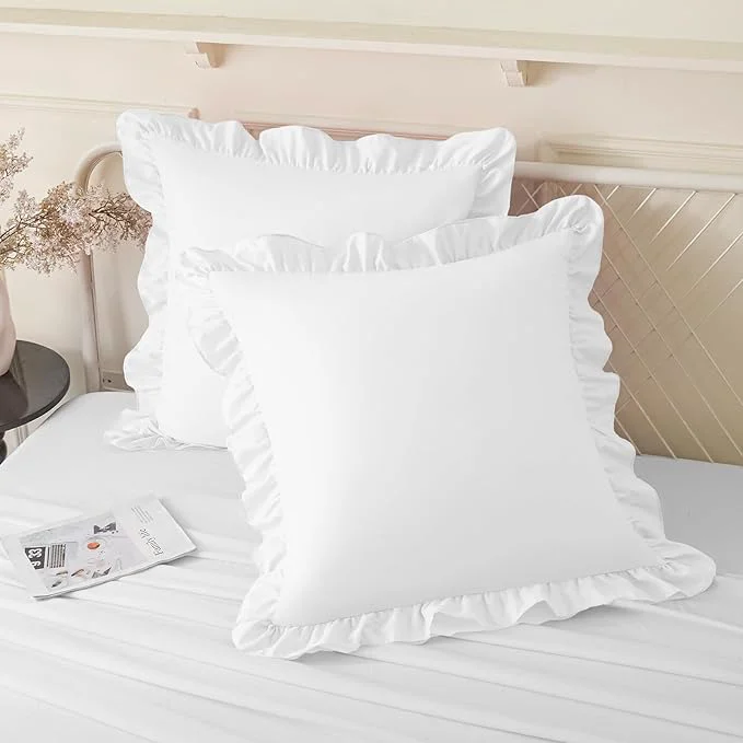 Unique KKJIAF Ruffle Pillow Cases 24×24 Inches White Square Ruffled Pillow Covers Set of 2 Microfiber Wrinkle Resistant Pillow Shams with Envelope Closure for Sofa Bed Living Room Premium Material