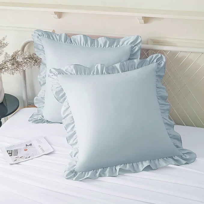 Verified KKJIAF Ruffle Pillow Cases 26×26 Inches Dusty Blue Square Ruffled Pillow Covers Set of 2 Microfiber Wrinkle Resistant Pillow Shams with Envelope Closure for Sofa Bed Living Room Contemporary