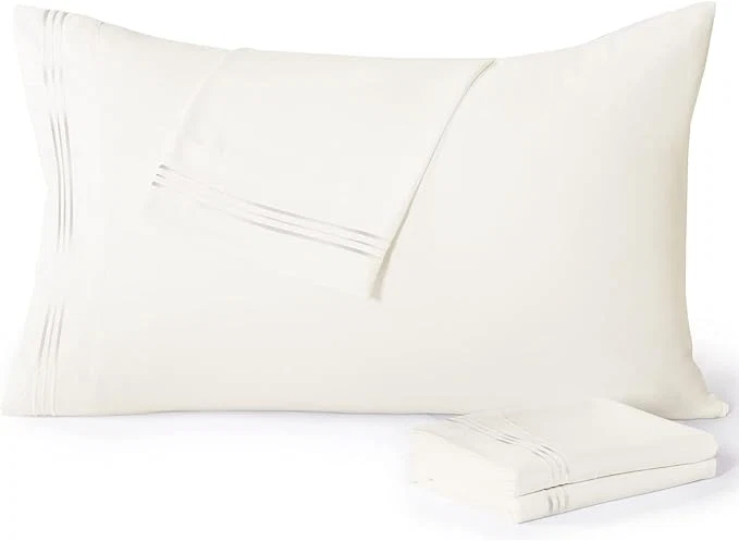 Pure YIYEA Pillow Cases Standard Size Set of 4 Ultra Soft 1800TC Hotel Quality Double Brushed Microfiber Embroidered Pillowcases Envelope Closure Fade Resistant 20 quot x26 quot Ivory Recyclable