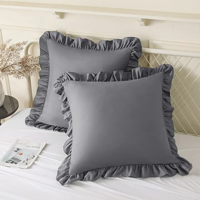 Premium KKJIAF Ruffle Pillow Cases 24×24 Inches Grey Square Ruffled Pillow Covers Set of 2 Microfiber Wrinkle Resistant Pillow Shams with Envelope Closure for Sofa Bed Living Room Elegant