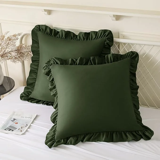 Authentic KKJIAF Ruffle Pillow Cases 18×18 Inches Olive Green Square Ruffled Pillow Covers Set of 2 Microfiber Wrinkle Resistant Pillow Shams with Envelope Closure for Sofa Bed Living Room Classic