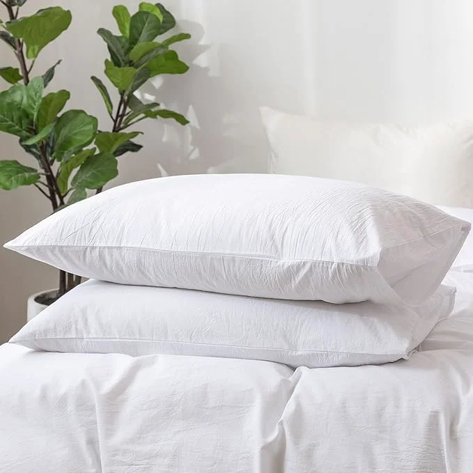 Traditional MooMee Bedding Pillowcases Pack of 2 Washed Cotton Linen Like Textured Breathable Durable Soft Comfy Solid Bright White Queen Top-Quality