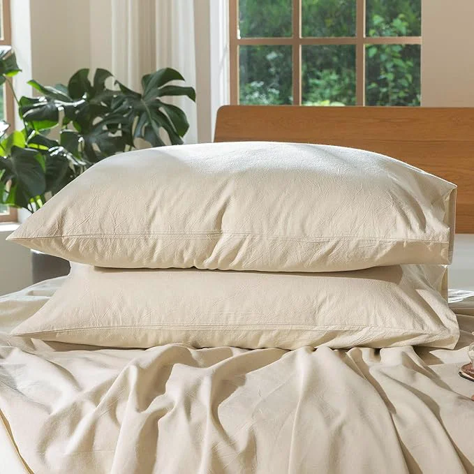 Powerful MooMee Bedding Pillowcases Pack of 2 Washed Cotton Linen Like Textured Breathable Durable Soft Comfy Heathered Almond Milk Grey Queen Effective