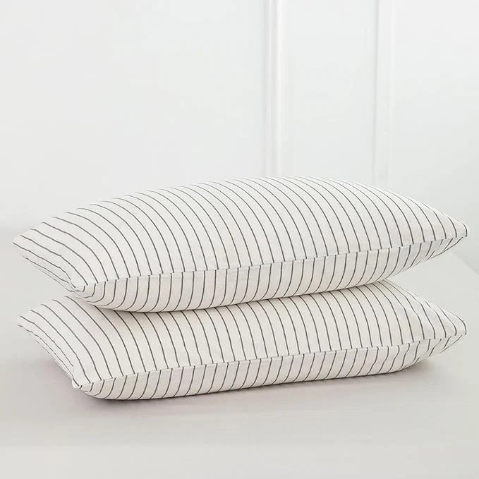 Unique MooMee Bedding Pillowcases Striped Pack of 2 Washed Cotton Linen Like Textured Breathable Durable Soft Comfy White Dark Grey Wide Stripes Standard Healthy