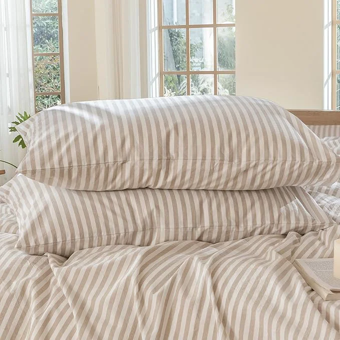 Top-Quality MooMee Bedding Pillowcases Striped Pack of 2 Washed Cotton Linen Like Textured Breathable Durable Soft Comfy Tannish Linen Grey White Classic Stripes Queen Original
