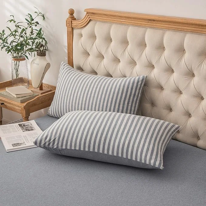 Expertly Made PURE ERA Jersey Knit Pillowcases T-Shirt Cotton Super Soft Comfy Breathable Set of 2 Queen 20 quot x 30 quot Heather Blueish Grey Stripe Trendy