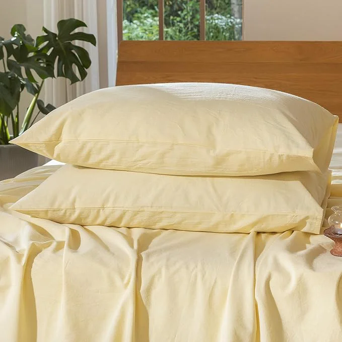 Elite MooMee Bedding Pillowcases Pack of 2 Washed Cotton Linen Like Textured Breathable Durable Soft Comfy Heathered Butter Yellow Standard Authentic