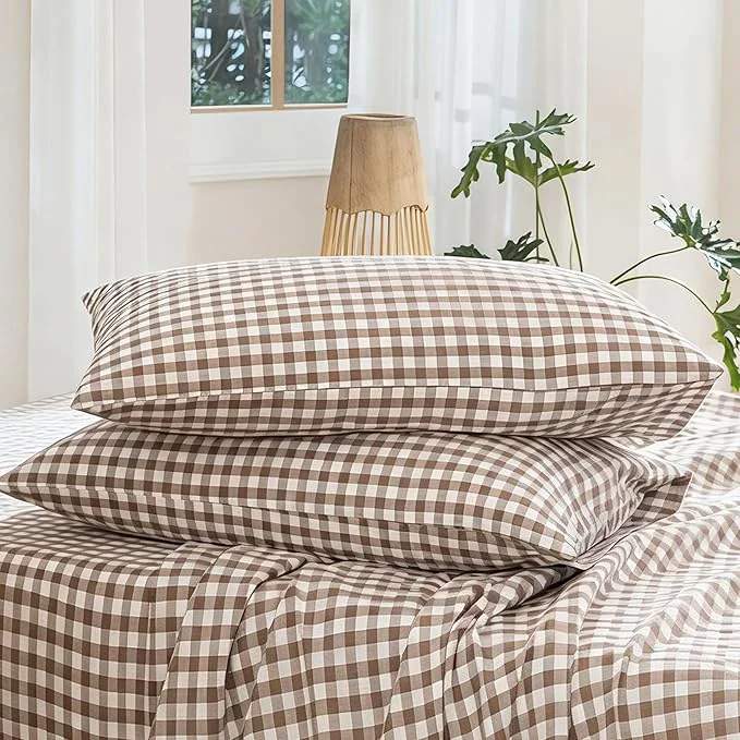 Original MooMee Bedding Pillowcases Gingham Pack of 2 Washed Cotton Linen Like Textured Breathable Durable Soft Comfy Classic Gingham Brown King Crafted