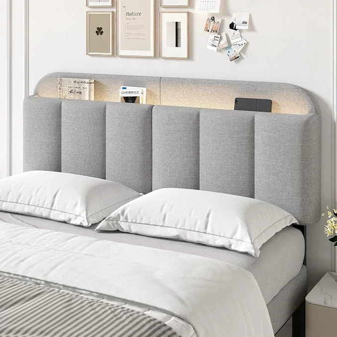 Traditional Queen Size Adjustable Headboard Upholstered Headboard with Storage APP Controlled LED Light Padded Head Board Only Sturdy Metal Foot Frame Vertical Channel Design for Bedroom Grey Lightweight