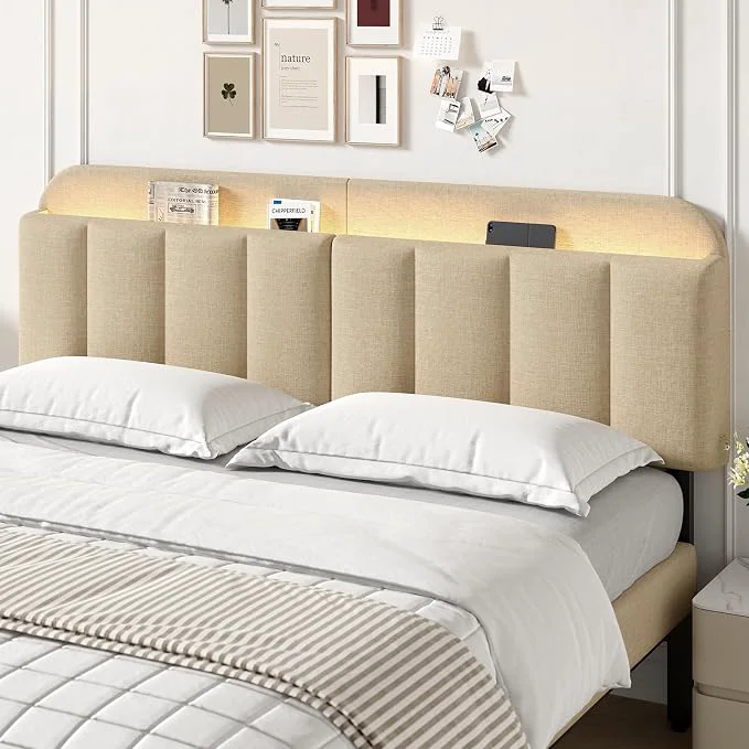 Elegant King Size Adjustable Headboard Upholstered Headboard with Storage APP Controlled LED Light Padded Head Board Only Sturdy Metal Foot Frame Vertical Channel Design for Bedroom Beige Breathable