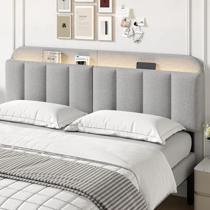 Versatile King Size Adjustable Headboard Upholstered Headboard with Storage APP Controlled LED Light Padded Head Board Only Sturdy Metal Foot Frame Vertical Channel Design for Bedroom Grey Fashionable
