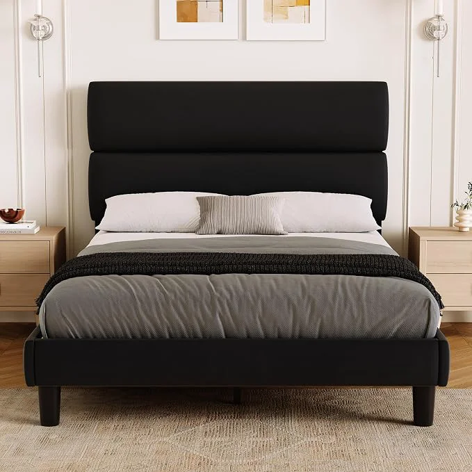 Breathable GRUSIGN Full Size Platform Bed Frame with Velvet Headboard Adjustable Height Wooden Slats Support Upholstered Mattress Foundation Fits Mattress or Mattress with Box Spring Easy Assembly Black Crafted