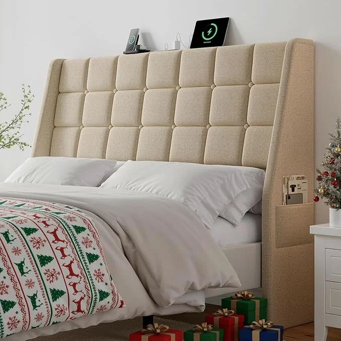 Functional Ergonomic Upholstered Headboard Queen Size w Charging Station Linen Wingback Headboards w Storage Pocket Queen Headboard Only Bed Frame Adapters Sturdy Stable Solid Wood Bed Head Board Beige Stylish