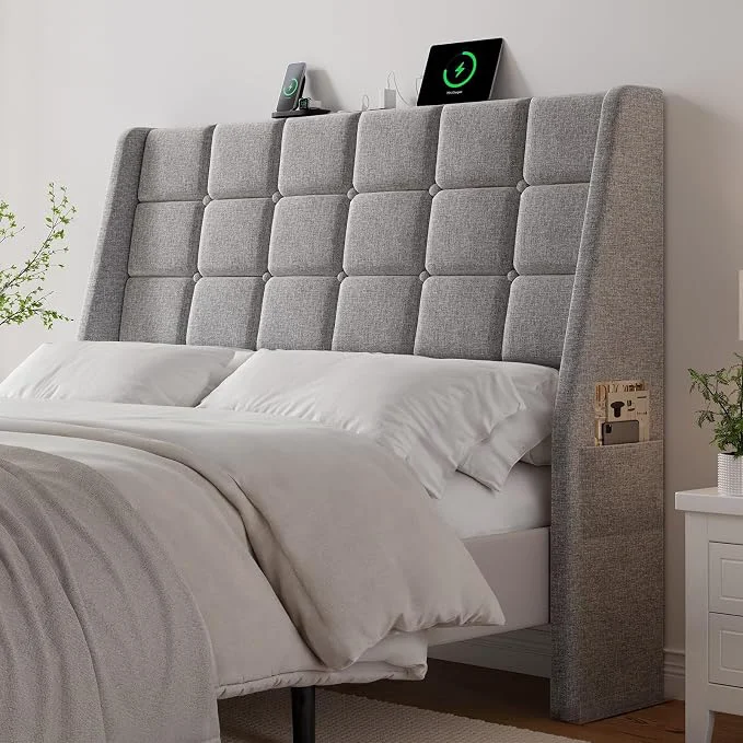 Recyclable Ergonomic Upholstered Full Size Headboard w Charging Station Linen Wingback Headboards w Storage Pocket Full Headboard Only Bed Frame Adapters Sturdy Solid Wood Bed Head Board Light Grey Traditional