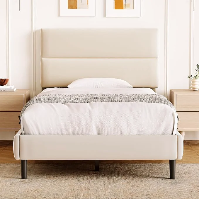 Easy-to-Use GRUSIGN Twin Size Platform Bed Frame with Velvet Headboard Adjustable Height Wooden Slats Support Upholstered Mattress Foundation Fits Mattress or Mattress with Box Spring Easy Assembly Beige Excellent