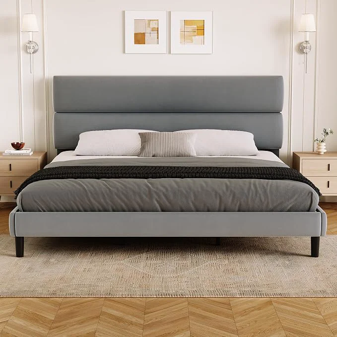Long-Lasting GRUSIGN King Size Platform Bed Frame with Velvet Headboard Adjustable Height Wooden Slats Support Upholstered Mattress Foundation Fits Mattress or Mattress with Box Spring Easy Assembly Grey Breathable