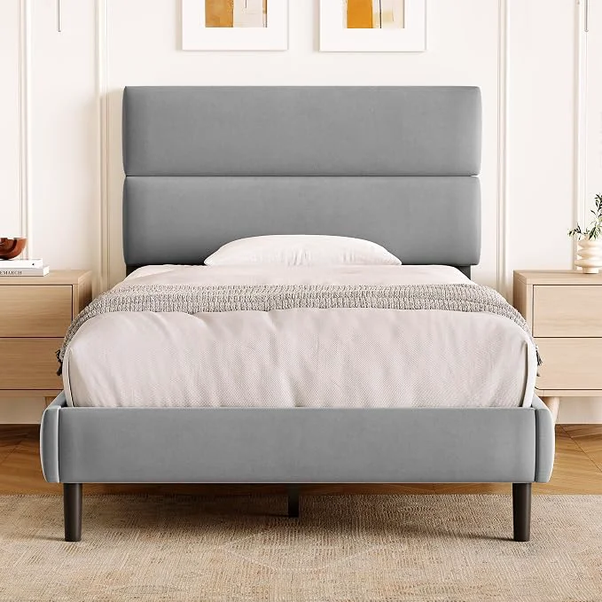 Practical GRUSIGN Twin Size Platform Bed Frame with Velvet Headboard Adjustable Height Wooden Slats Support Upholstered Mattress Foundation Fits Mattress or Mattress with Box Spring Easy Assembly Grey Contemporary