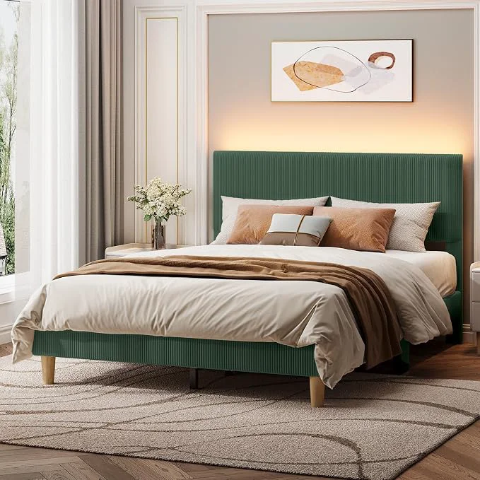First-Class ier Queen Platform Bed Frame with Headboard LED Light Upholstered Green No Squeaks Easy Assembly LED Lighting Headboard Vertical Channel Corduroy Upholstered Wood Slats Support No Box Spring Needed Detailed