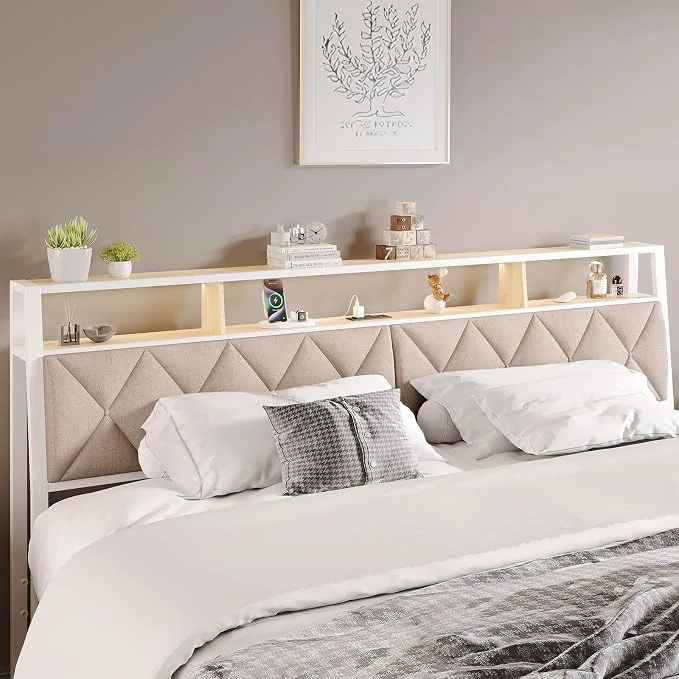Casual King Headboard Only Headboard for King Size Bed with Storage Upholstered Headboards with LED Lights amp Charging Station Attach Frame I for Bedroom Dorm Guest Room White amp Beige High-Grade
