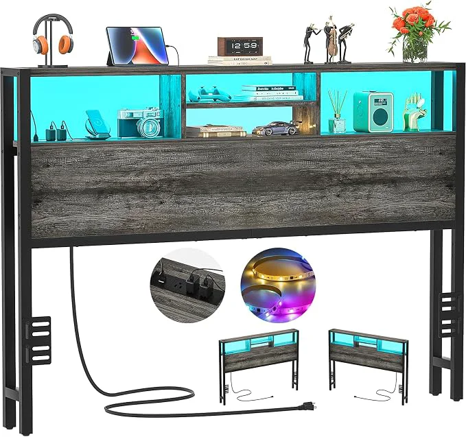 Reliable Aheaplus Headboard for Queen Size Bed with Storage Headboards with Outlets USB Ports and LED Light Queen Size Head Board Only Height Adjustable Reversible Sturdy and Stable Headboard Black Oak Trendy