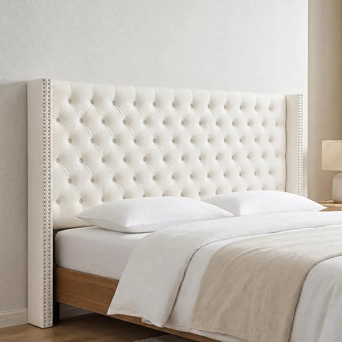 Soft Madison Park Queen Wingback Upholstered Tufted Headboard Featuring High-Density Sponge Padding Adjustable Height Headboard Easy Assembly Beige Velvet Safe