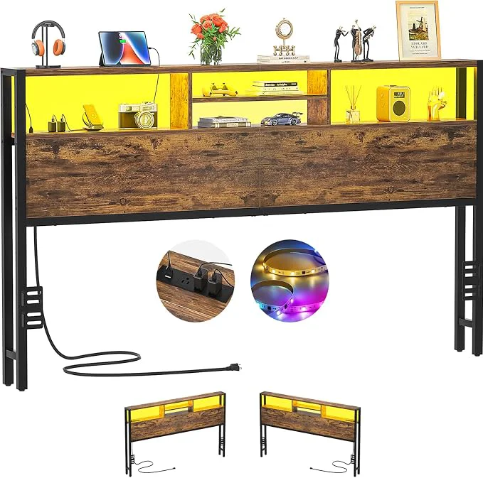 Carefully Designed Aheaplus Headboard for King Size Bed with Storage Headboards with Outlets USB Ports and LED Light King Size Head Board Height Adjustable Reversible Sturdy and Stable Headboard Rustic Brown Durable