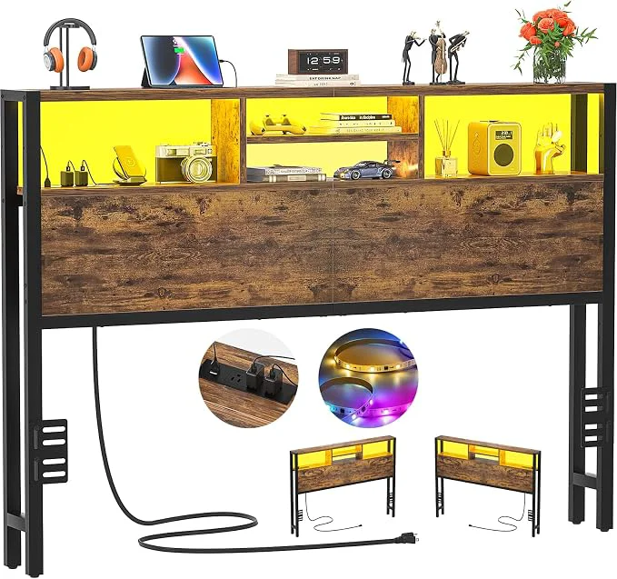 Quality Aheaplus Headboard for Queen Size Bed with Storage Headboards with Outlets USB Ports and LED Light Queen Head Board Only Height Adjustable Reversible Sturdy and Stable Headboard Rustic Brown Trendy