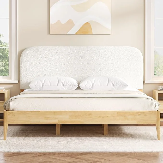 Durable KISLOT Wood Bed Frame with USB amp Type-C Boucle Headboard Cream King Platform Bed Mattress Foundation No Box Spring Needed Easy Assembly High-End