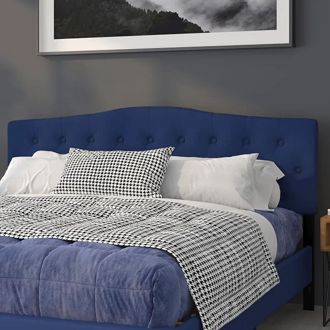 Lightweight EMMA OLIVER Tufted Upholstered King Size Headboard in Navy Fabric High-Performance