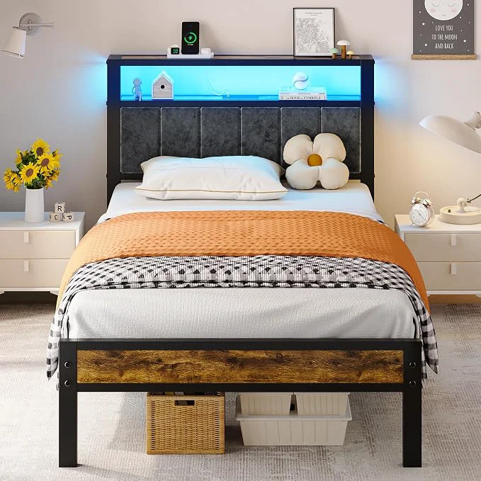 Premium Liians Twin Size Bed Frame with LED Lights Grey Upholstered Headboard Platform Bed with 2-Tier Storage Shelf Charging Station Noise No Box Spring Needed Easy Assemably Clean