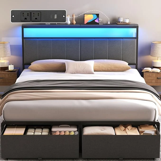 Optimized Queen Bed Frame with 2 Storage Drawers Grey Upholstered Headboard with Charging Station and LED Lights Metal Platform Bed with Storage Shelf Noise No Box Spring Needed High-Quality